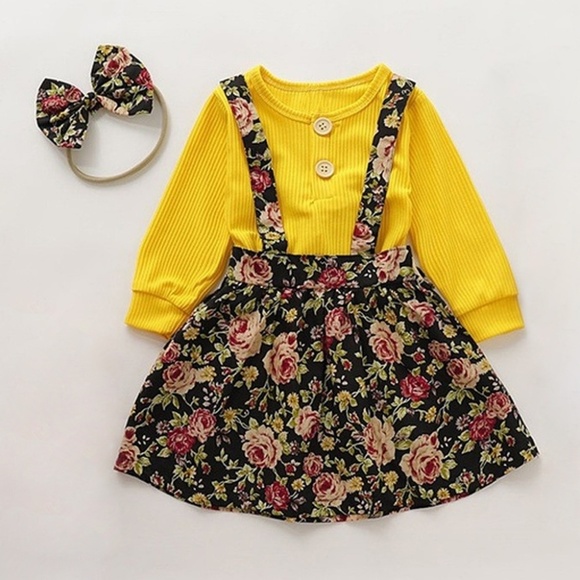 Children Kids Girls Yellow Shirt + Floral Suspende - Picture 1 of 4